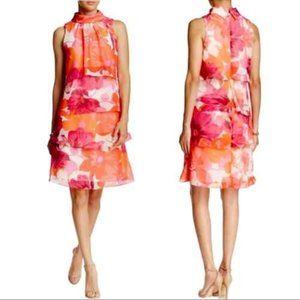 Eliza J Dress Sz 12 Floral Tiered Mini Dress Sleeveless High Neck Pink Orange